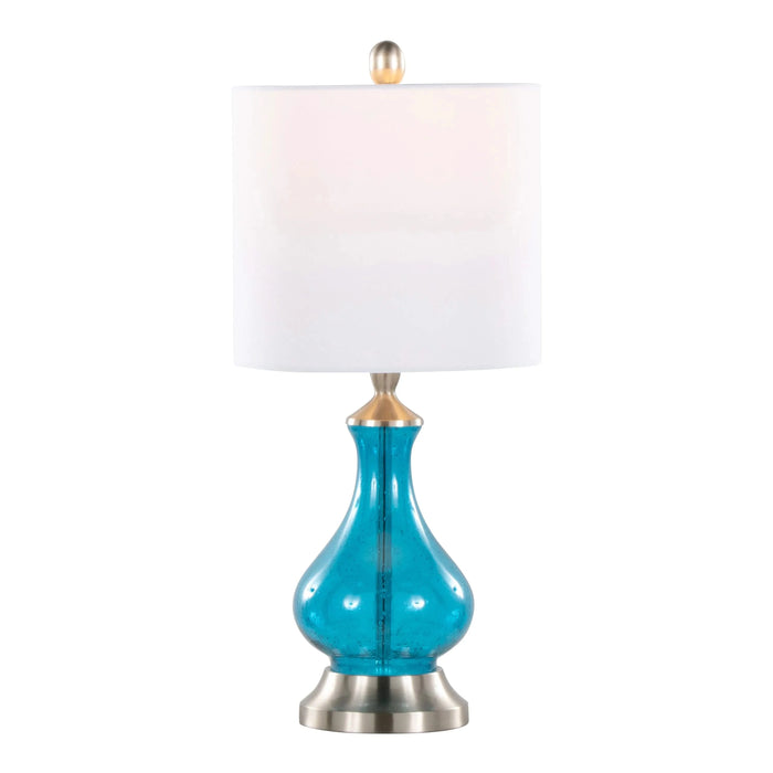 Jasmine 22' Contemporary Glass Accent Lamp in Clear Sapphire Blue Seeded Glass, Brushed Nickel and White Linen Shade from Grandview Gallery by LumiSource Default -DTYStore