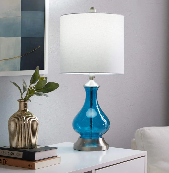 Jasmine 22' Contemporary Glass Accent Lamp in Clear Sapphire Blue Seeded Glass, Brushed Nickel and White Linen Shade from Grandview Gallery by LumiSource Default -DTYStore