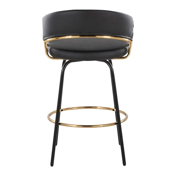 Jie 26' Fixed-Height Contemporary Counter Stool with Swivel in Gold Metal and Black Faux Leather with Black Metal Legs and Round Gold Metal Footrest by LumiSource - Set of 2 Default -DTYStore