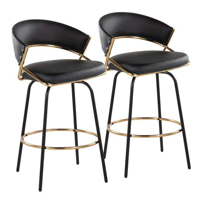 Jie 26' Fixed-Height Contemporary Counter Stool with Swivel in Gold Metal and Black Faux Leather with Black Metal Legs and Round Gold Metal Footrest by LumiSource - Set of 2 Default -DTYStore