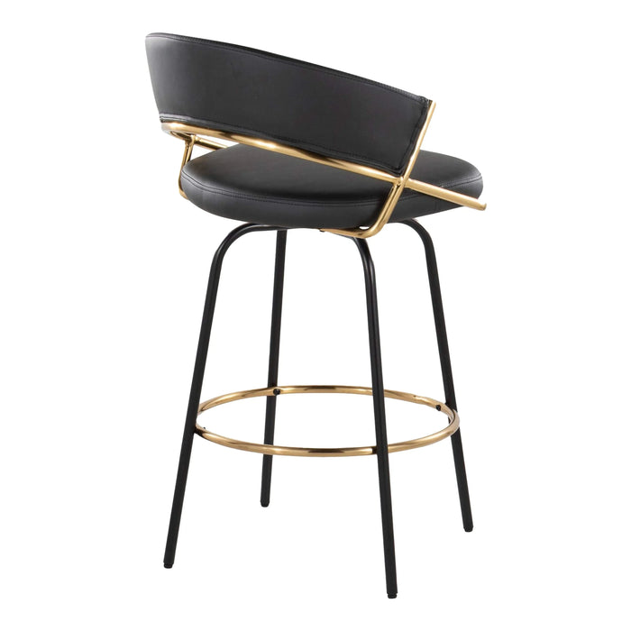 Jie 26' Fixed-Height Contemporary Counter Stool with Swivel in Gold Metal and Black Faux Leather with Black Metal Legs and Round Gold Metal Footrest by LumiSource - Set of 2 Default -DTYStore