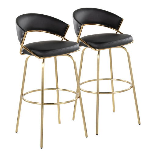 Jie 30' Fixed-Height Contemporary Barstool with Swivel in Gold Metal and Black Faux Leather with Round Metal Footrest by LumiSource - Set of 2 Default -DTYStore