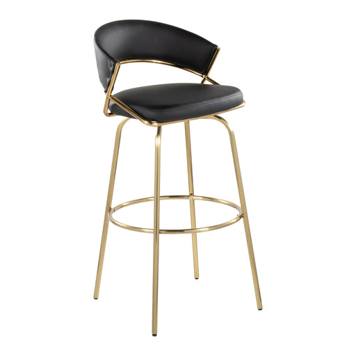 Jie 30' Fixed-Height Contemporary Barstool with Swivel in Gold Metal and Black Faux Leather with Round Metal Footrest by LumiSource - Set of 2 Default -DTYStore