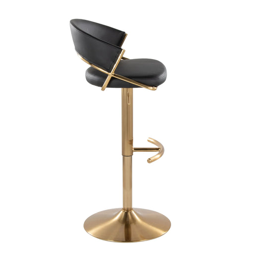 Jie Contemporary Adjustable Barstool with Swivel in Gold Metal and Black Faux Leather with Rounded T Footrest by LumiSource - Set of 2 Default -DTYStore