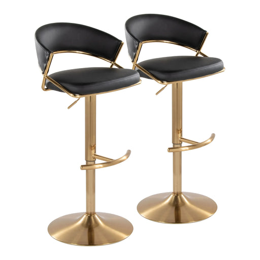 Jie Contemporary Adjustable Barstool with Swivel in Gold Metal and Black Faux Leather with Rounded T Footrest by LumiSource - Set of 2 Default -DTYStore