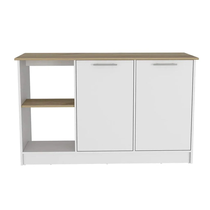Juniper Kitchen Island, Four Open Shelves, Two Cabinets -Light Oak / White Default -DTYStore