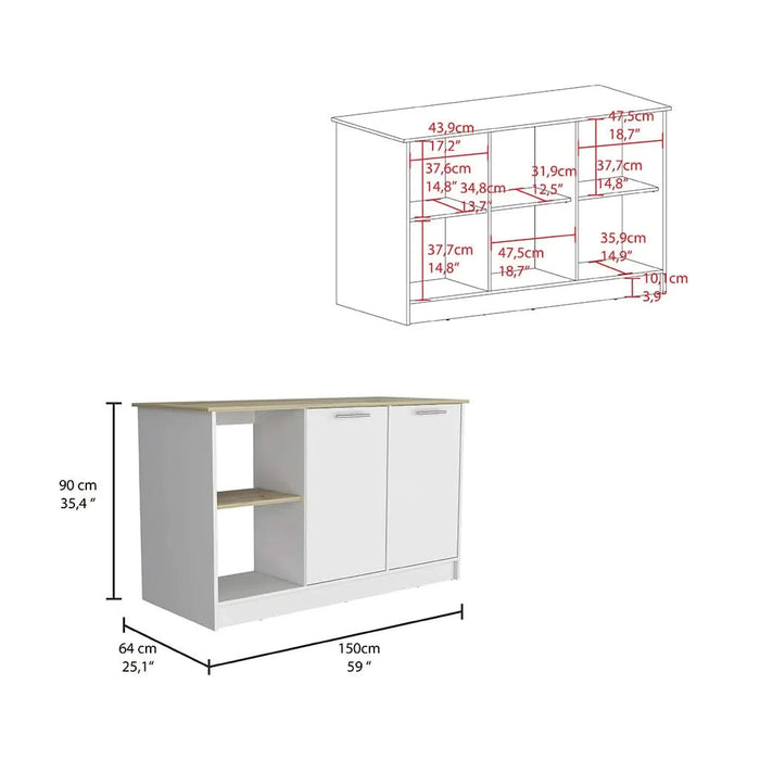 Juniper Kitchen Island, Four Open Shelves, Two Cabinets -Light Oak / White Default -DTYStore