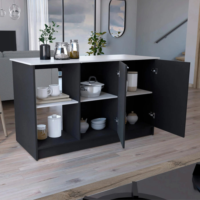 Juniper Kitchen Island with Large Top Surface, Double Door Cabinet, and Open Shelves Black / Ibiza Marble Default -DTYStore