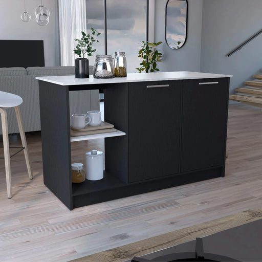 Juniper Kitchen Island with Large Top Surface, Double Door Cabinet, and Open Shelves Black / Ibiza Marble Default -DTYStore