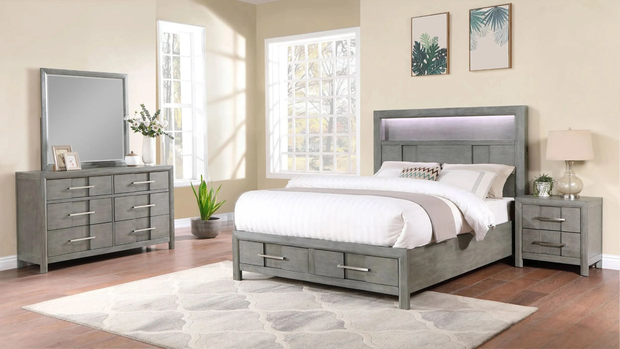 KENZO Modern Style Full 4PC Storage Bedroom Set Made with Wood, LED Headboard, Bluetooth Speakers & USB Ports - Grey - DTY Store
