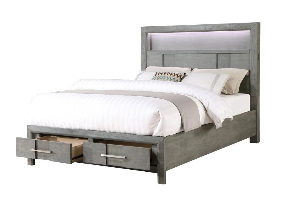 KENZO Modern Style Full 4PC Storage Bedroom Set Made with Wood, LED Headboard, Bluetooth Speakers & USB Ports - Grey - DTY Store