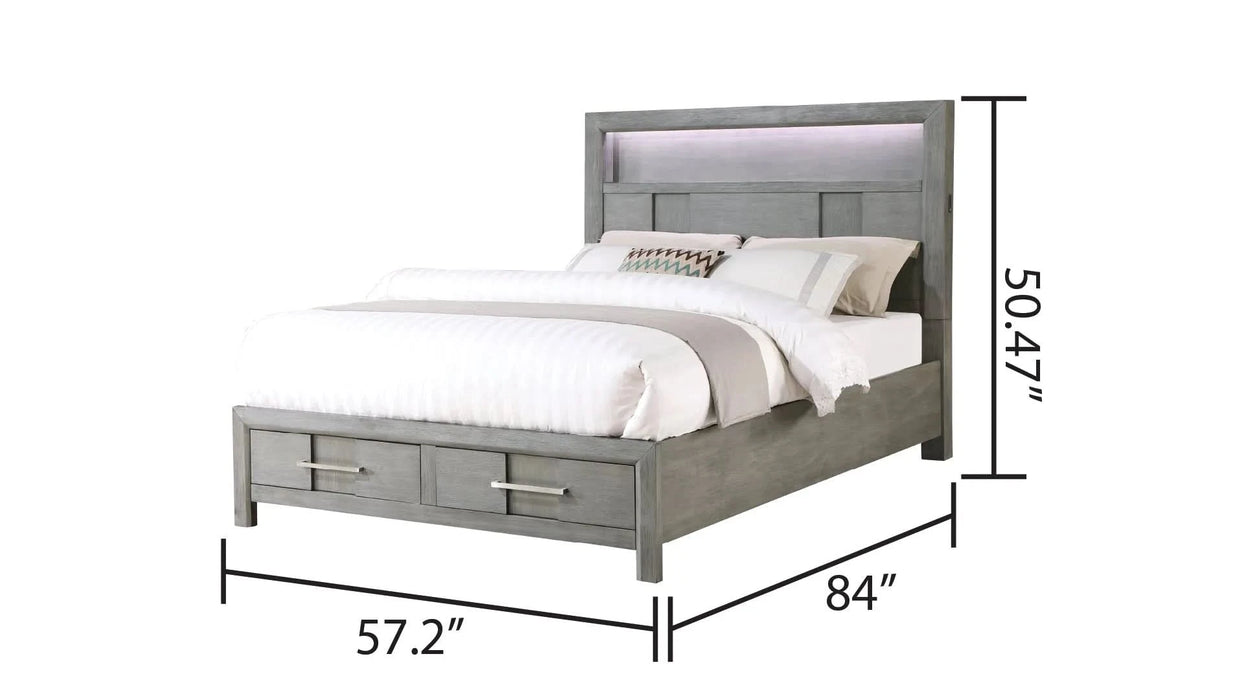 KENZO Modern Style Full 4PC Storage Bedroom Set Made with Wood, LED Headboard, Bluetooth Speakers & USB Ports - Grey- DTY Store