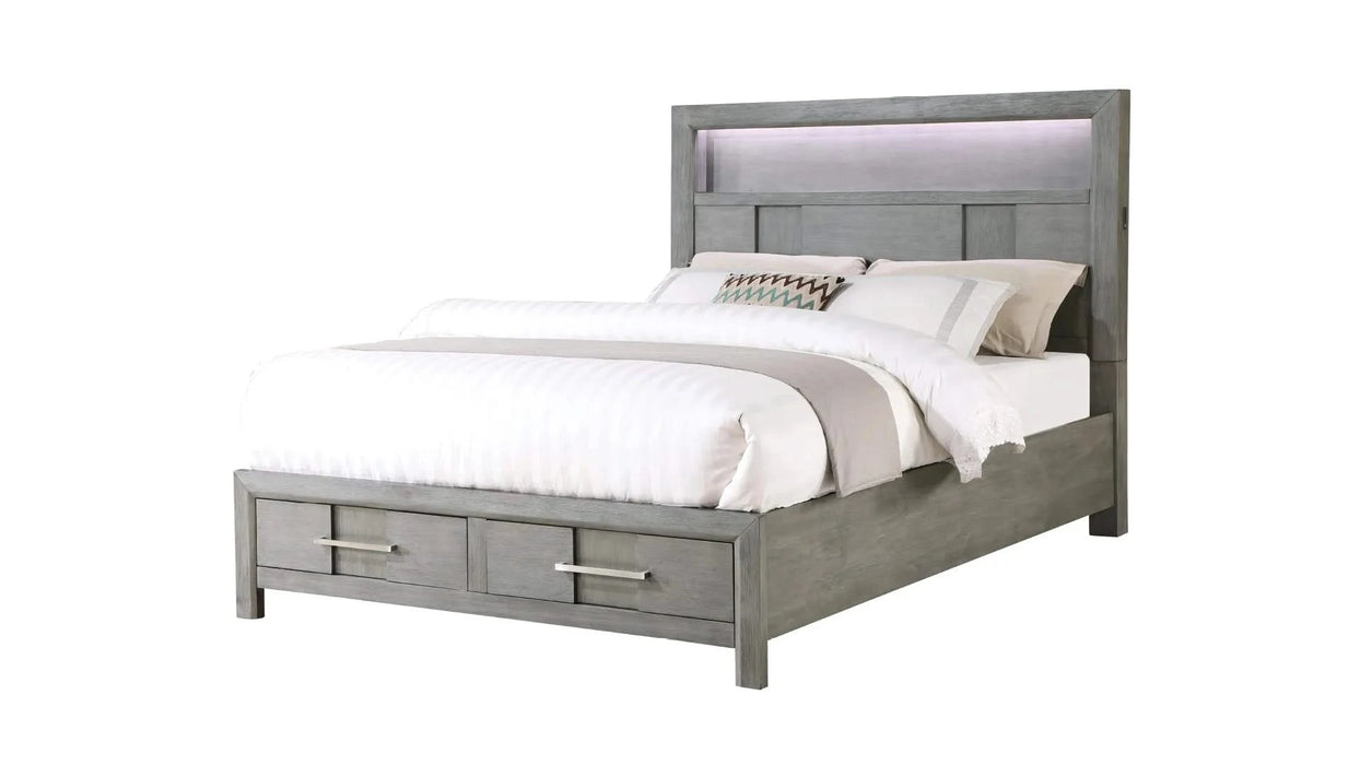 KENZO Modern Style Full 4PC Storage Bedroom Set Made with Wood, LED Headboard, Bluetooth Speakers & USB Ports - Grey Default -DTYStore