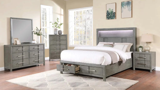 KENZO Modern Style Full 5PC Storage Bedroom Set Made with Wood, LED Headboard, Bluetooth Speakers & USB Ports - Grey Default -DTYStore