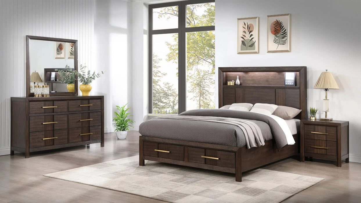 KENZO Modern Style King 4PC Storage Bedroom Set Made with Wood, LED Headboard, Bluetooth Speakers & USB Ports - Walnut Default -DTYStore