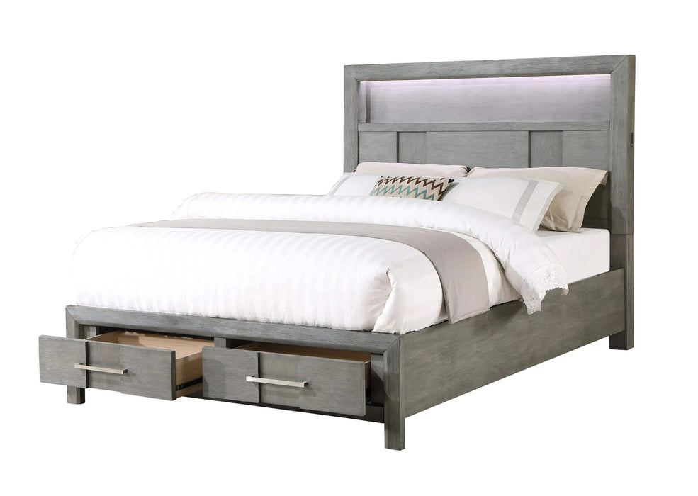 KENZO Modern Style Queen 4PC Storage Bedroom Set Made with Wood, LED Headboard, Bluetooth Speakers & USB Ports - Grey Default -DTYStore
