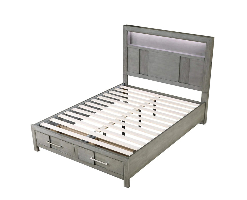 KENZO Modern Style Queen 4PC Storage Bedroom Set Made with Wood, LED Headboard, Bluetooth Speakers & USB Ports - Grey Default -DTYStore