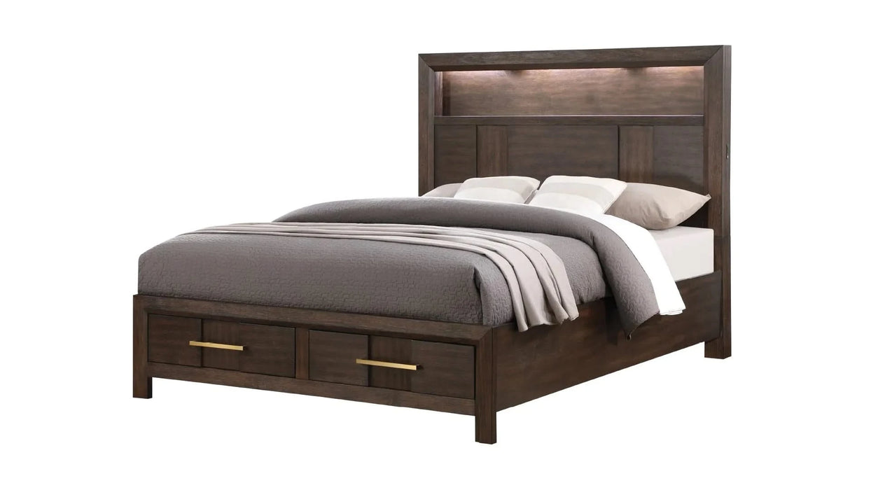 KENZO Modern Style Queen 5PC Storage Bedroom Set Made with Wood, LED Headboard, Bluetooth Speakers & USB Ports - Walnut(NJ INVENTORY) Default -DTYStore