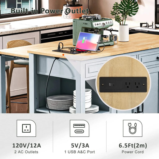 K&K 47 inch Kitchen Island with Extendable Dining Table, Rubber Wood Veneer Kitchen Table with Internal Storage Rack, Power Outlet, Kitchen island with Storage 2 Drawers 2 Cabinet,Grey Blue Default -DTYStore