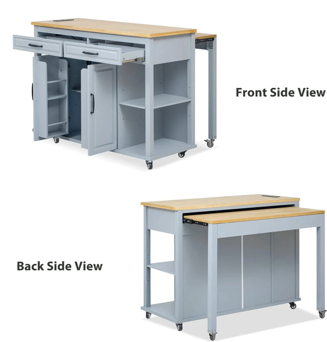 K&K 47 inch Kitchen Island with Extendable Dining Table, Rubber Wood Veneer Kitchen Table with Internal Storage Rack, Power Outlet, Kitchen island with Storage 2 Drawers 2 Cabinet,Grey Blue Default -DTYStore