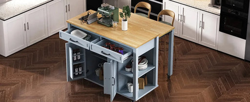 K&K 47 inch Kitchen Island with Extendable Dining Table, Rubber Wood Veneer Kitchen Table with Internal Storage Rack, Power Outlet, Kitchen island with Storage 2 Drawers 2 Cabinet,Grey Blue Default -DTYStore