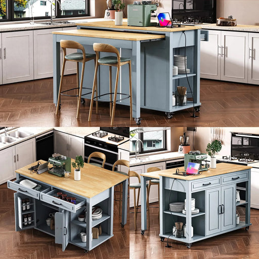 K&K 47 inch Kitchen Island with Extendable Dining Table, Rubber Wood Veneer Kitchen Table with Internal Storage Rack, Power Outlet, Kitchen island with Storage 2 Drawers 2 Cabinet,Grey Blue Default -DTYStore