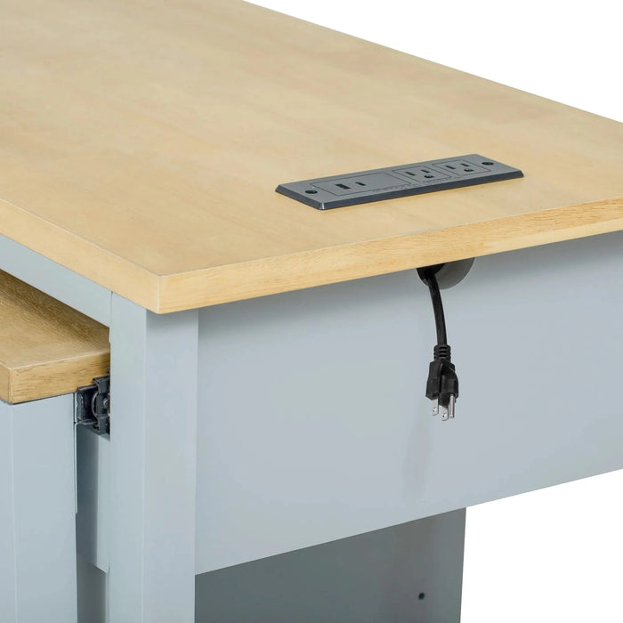 K&K 47 inch Kitchen Island with Extendable Dining Table, Rubber Wood Veneer Kitchen Table with Internal Storage Rack, Power Outlet, Kitchen island with Storage 2 Drawers 2 Cabinet,Grey Blue Default -DTYStore
