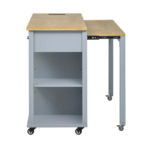 K&K 47 inch Kitchen Island with Extendable Dining Table, Rubber Wood Veneer Kitchen Table with Internal Storage Rack, Power Outlet, Kitchen island with Storage 2 Drawers 2 Cabinet,Grey Blue Default -DTYStore