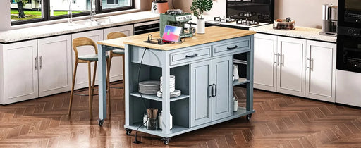 K&K 47 inch Kitchen Island with Extendable Dining Table, Rubber Wood Veneer Kitchen Table with Internal Storage Rack, Power Outlet, Kitchen island with Storage 2 Drawers 2 Cabinet,Grey Blue Default -DTYStore