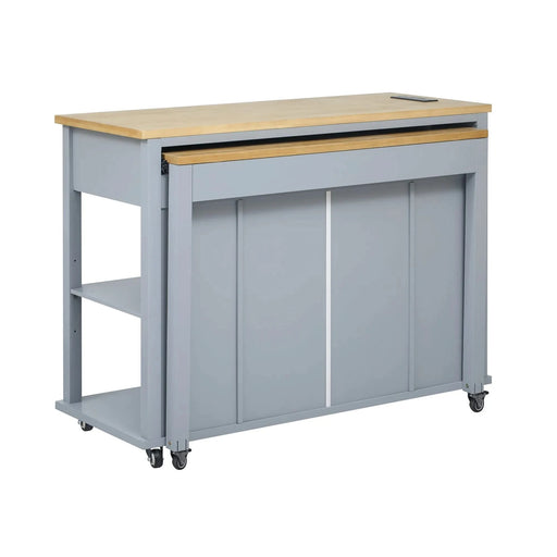 K&K 47 inch Kitchen Island with Extendable Dining Table, Rubber Wood Veneer Kitchen Table with Internal Storage Rack, Power Outlet, Kitchen island with Storage 2 Drawers 2 Cabinet,Grey Blue Default -DTYStore