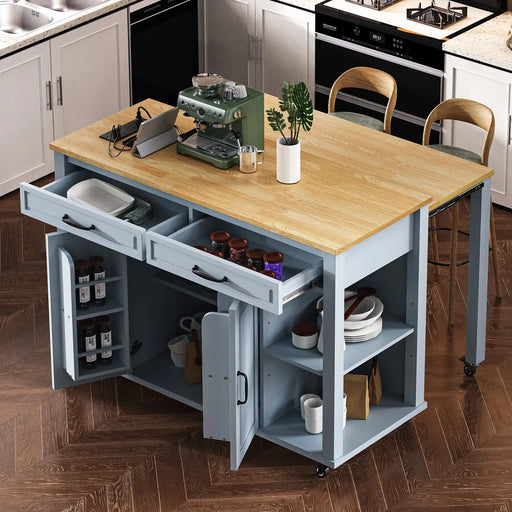 K&K 47 inch Kitchen Island with Extendable Dining Table, Rubber Wood Veneer Kitchen Table with Internal Storage Rack, Power Outlet, Kitchen island with Storage 2 Drawers 2 Cabinet,Grey Blue Default -DTYStore
