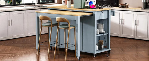K&K 47 inch Kitchen Island with Extendable Dining Table, Rubber Wood Veneer Kitchen Table with Internal Storage Rack, Power Outlet, Kitchen island with Storage 2 Drawers 2 Cabinet,Grey Blue Default -DTYStore