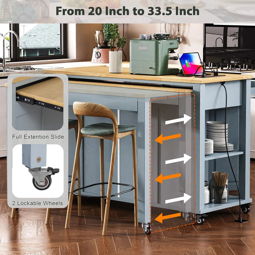 K&K 47 inch Kitchen Island with Extendable Dining Table, Rubber Wood Veneer Kitchen Table with Internal Storage Rack, Power Outlet, Kitchen island with Storage 2 Drawers 2 Cabinet,Grey Blue Default -DTYStore