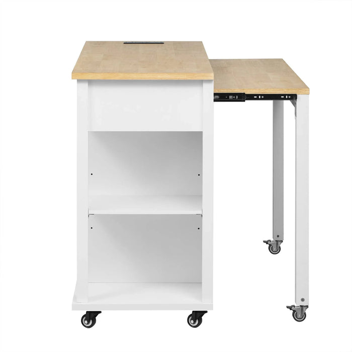 K&K 47 inch Kitchen Island with Extendable Dining Table, Rubber Wood Veneer Kitchen Table with Internal Storage Rack, Power Outlet, Kitchen island with Storage 2 Drawers 2 Cabinet,White Default -DTYStore