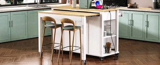 K&K 47 inch Kitchen Island with Extendable Dining Table, Rubber Wood Veneer Kitchen Table with Internal Storage Rack, Power Outlet, Kitchen island with Storage 2 Drawers 2 Cabinet,White Default -DTYStore