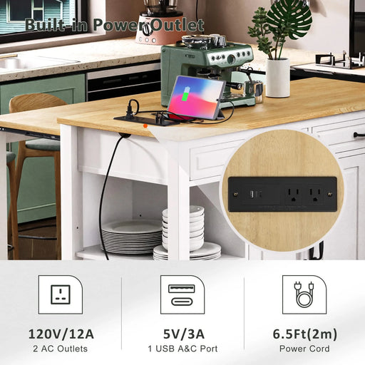 K&K 47 inch Kitchen Island with Extendable Dining Table, Rubber Wood Veneer Kitchen Table with Internal Storage Rack, Power Outlet, Kitchen island with Storage 2 Drawers 2 Cabinet,White Default -DTYStore