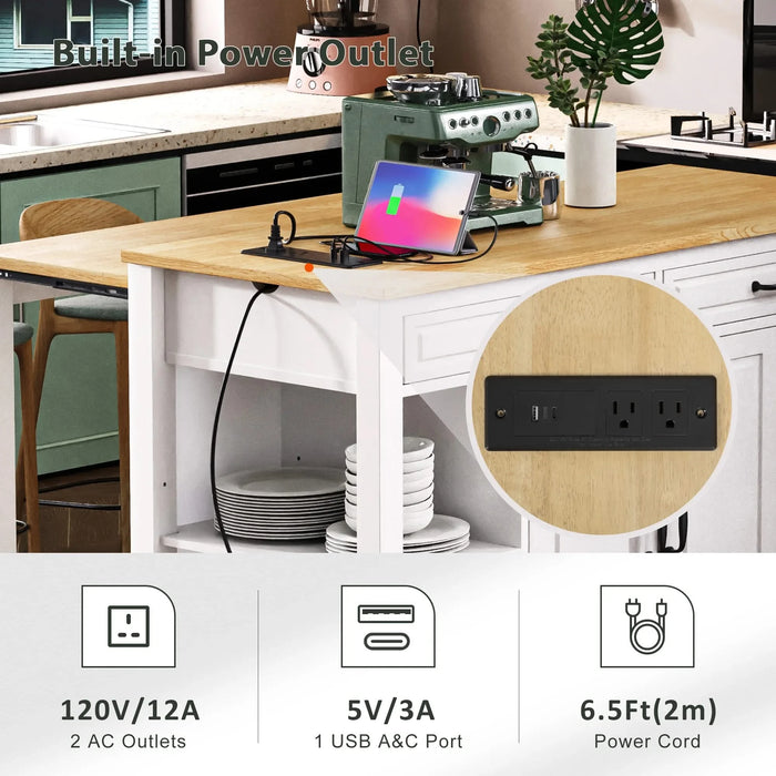 K&K 47 inch Kitchen Island with Extendable Dining Table, Rubber Wood Veneer Kitchen Table with Internal Storage Rack, Power Outlet, Kitchen island with Storage 2 Drawers 2 Cabinet,White Default -DTYStore