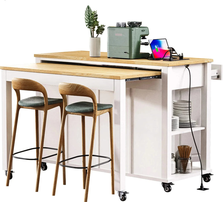 K&K 47 inch Kitchen Island with Extendable Dining Table, Rubber Wood Veneer Kitchen Table with Internal Storage Rack, Power Outlet, Kitchen island with Storage 2 Drawers 2 Cabinet,White Default -DTYStore