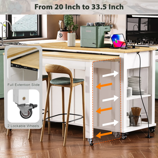 K&K 47 inch Kitchen Island with Extendable Dining Table, Rubber Wood Veneer Kitchen Table with Internal Storage Rack, Power Outlet, Kitchen island with Storage 2 Drawers 2 Cabinet,White Default -DTYStore