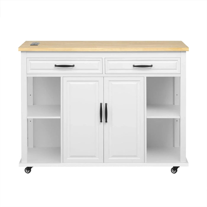 K&K 47 inch Kitchen Island with Extendable Dining Table, Rubber Wood Veneer Kitchen Table with Internal Storage Rack, Power Outlet, Kitchen island with Storage 2 Drawers 2 Cabinet,White Default -DTYStore