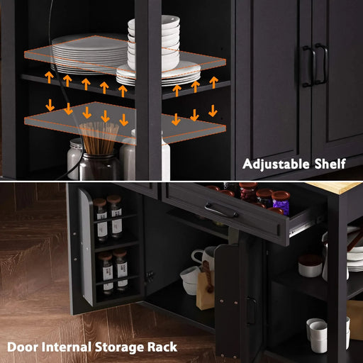 K&K 47 inch Kitchen Island with Extendable Dining Table, Rubber Wood Veneer Kitchen Table with Internal Storage Rack, Power Outlet, Kitchen island with Storage 2 Drawers 2 Cabinet, Black Default -DTYStore