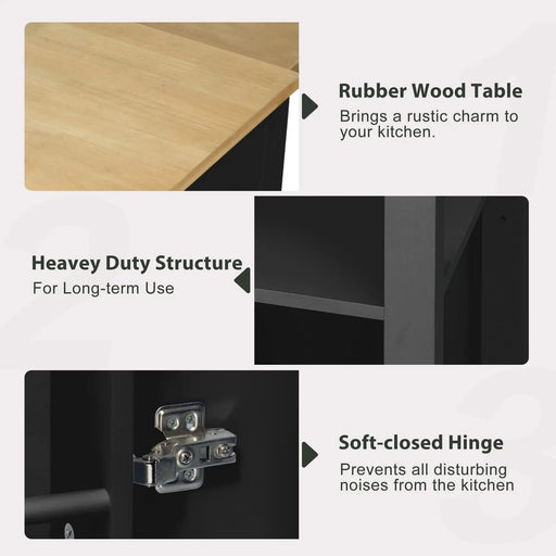 K&K 47 inch Kitchen Island with Extendable Dining Table, Rubber Wood Veneer Kitchen Table with Internal Storage Rack, Power Outlet, Kitchen island with Storage 2 Drawers 2 Cabinet, Black Default -DTYStore