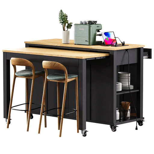 K&K 47 inch Kitchen Island with Extendable Dining Table, Rubber Wood Veneer Kitchen Table with Internal Storage Rack, Power Outlet, Kitchen island with Storage 2 Drawers 2 Cabinet, Black Default -DTYStore