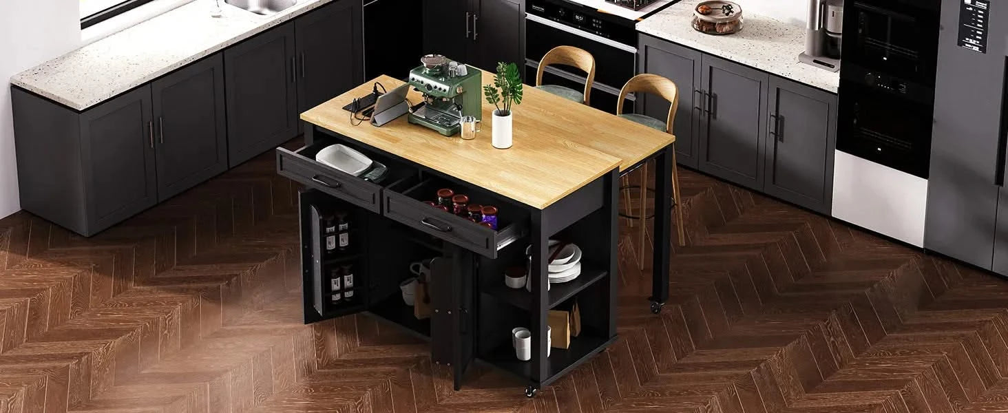 K&K 47 inch Kitchen Island with Extendable Dining Table, Rubber Wood Veneer Kitchen Table with Internal Storage Rack, Power Outlet, Kitchen island with Storage 2 Drawers 2 Cabinet, Black Default -DTYStore