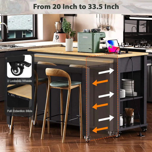 K&K 47 inch Kitchen Island with Extendable Dining Table, Rubber Wood Veneer Kitchen Table with Internal Storage Rack, Power Outlet, Kitchen island with Storage 2 Drawers 2 Cabinet, Black Default -DTYStore
