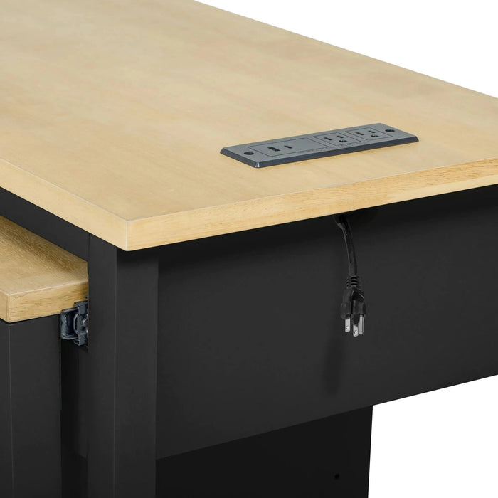 K&K 47 inch Kitchen Island with Extendable Dining Table, Rubber Wood Veneer Kitchen Table with Internal Storage Rack, Power Outlet, Kitchen island with Storage 2 Drawers 2 Cabinet, Black Default -DTYStore