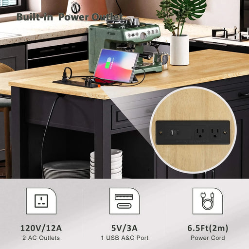 K&K 47 inch Kitchen Island with Extendable Dining Table, Rubber Wood Veneer Kitchen Table with Internal Storage Rack, Power Outlet, Kitchen island with Storage 2 Drawers 2 Cabinet, Black Default -DTYStore