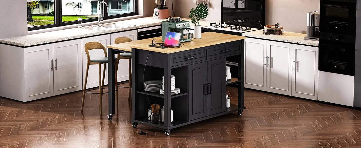 K&K 47 inch Kitchen Island with Extendable Dining Table, Rubber Wood Veneer Kitchen Table with Internal Storage Rack, Power Outlet, Kitchen island with Storage 2 Drawers 2 Cabinet, Black Default -DTYStore