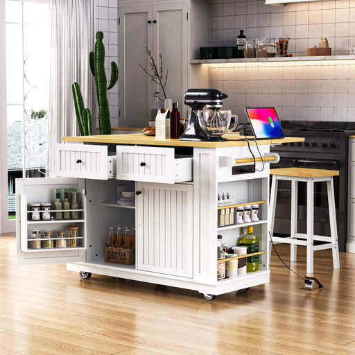 K&K 48 inch Large Kitchen Island with Drop Leaf,Power Outlet,Internal Storage Rack,Rolling Kitchen Storage Cart on 5 Wheels with 5 Open Side Racks for Kitchen,Dining Room,White (Not include Stools) Default -DTYStore