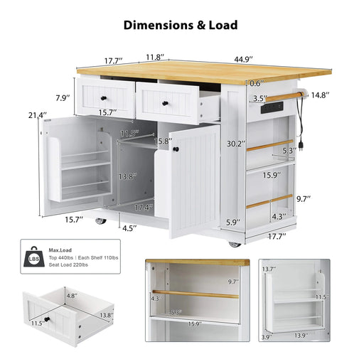 K&K 48 inch Large Kitchen Island with Drop Leaf,Power Outlet,Internal Storage Rack,Rolling Kitchen Storage Cart on 5 Wheels with 5 Open Side Racks for Kitchen,Dining Room,White (Not include Stools) Default -DTYStore